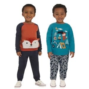 Koala Kids Orange and Blue 4-Piece Set Appliqué Fox Tee Crewneck Fleece